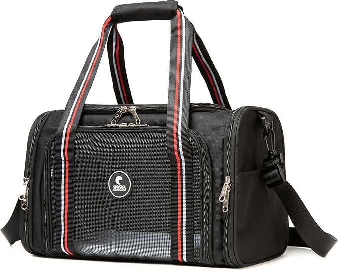CAGA Soft-Sided Pet Carrier - Ventilated Foldable & Collapsible Under Seat Travel Kennel with Pockets for Small to Medium Dogs & Cats up to 15 lbs (Black)