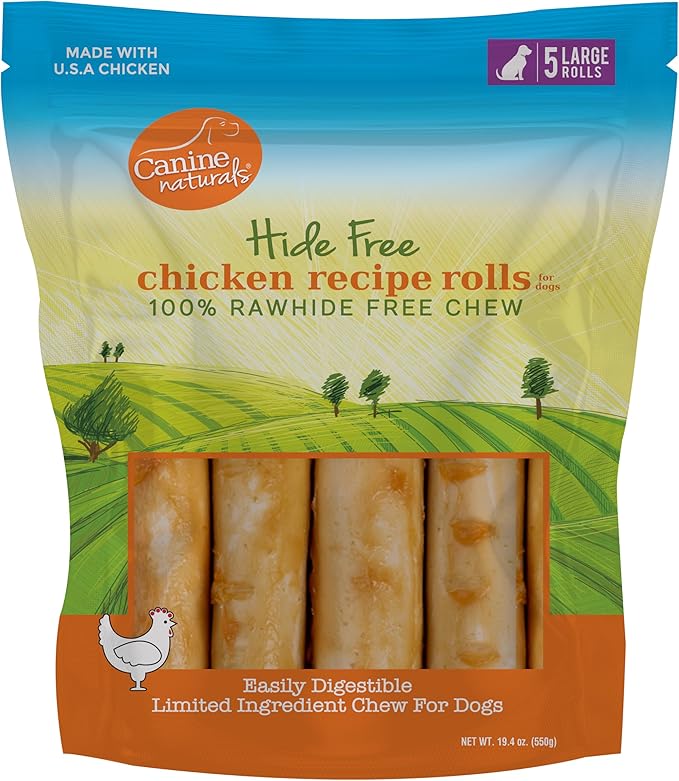 Canine Naturals Chicken Recipe Chew - Rawhide Free Dog Treats - Made from USA Raised Chicken - All-Natural and Easily Digestible - 5 Pack of 7 Inch Large Rolls for Dogs 50-75lb