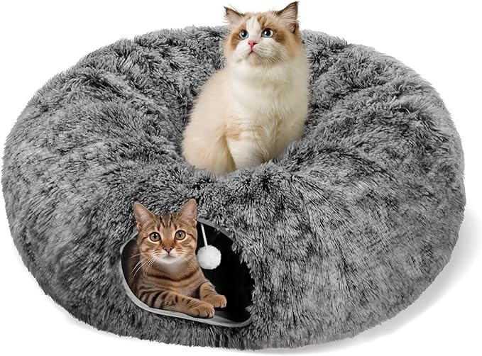 Cat Tunnel Bed for Indoor Cats, Peekaboo Cat Cave with Washable Soft Play Mat, Furry Cat Tube, for Kitten/Puppy/Rabbit, Black