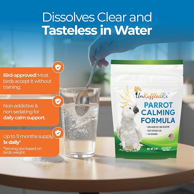 UnRuffledRx™ Calming Formula for Parrots – Bird Supplement That Supports Relaxation During Stressful Events Like Fireworks, Travel, and Visitors – 150 Servings – Made in USA