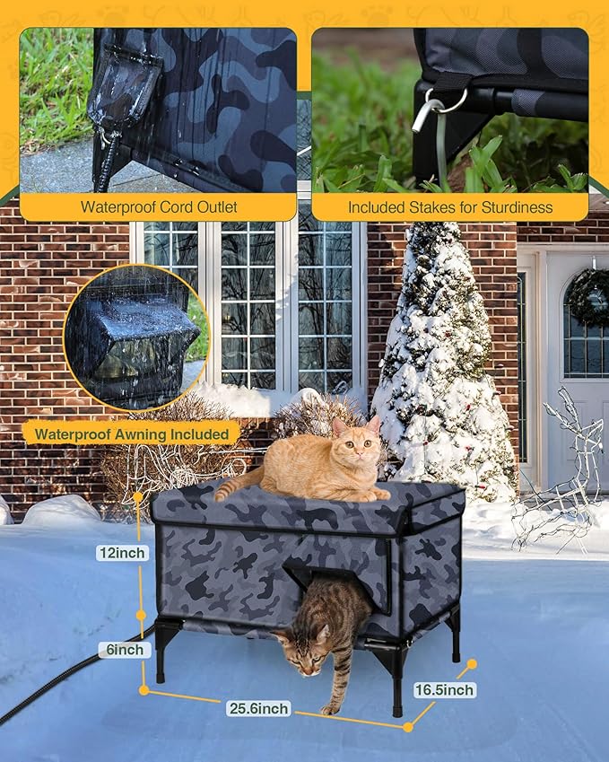 Premium Heated Cat House for Outside Cats, 100% Weatherproof & Windproof Escape Door, Elevated Base, Winter Insulated Feral Stray Outdoor Cat Shelter with Heater