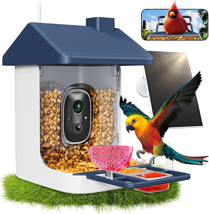 Smart Bird Feeder with Camera, 1.8L Solar Powered Bird Feeders for Outdoors, 2K AI Identify 10,000+ Birds Species, Birds Feeder Camera IP65 Instant Notification, Ideal Gift for Avian Lovers
