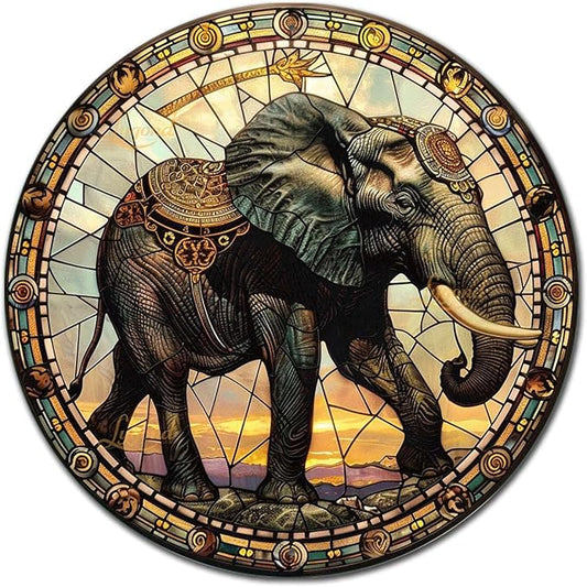 Lygond Metal Sign Tin Sign Circular Stained Glass Elephant Garden Tin Sign for Yard 8×8 Inches