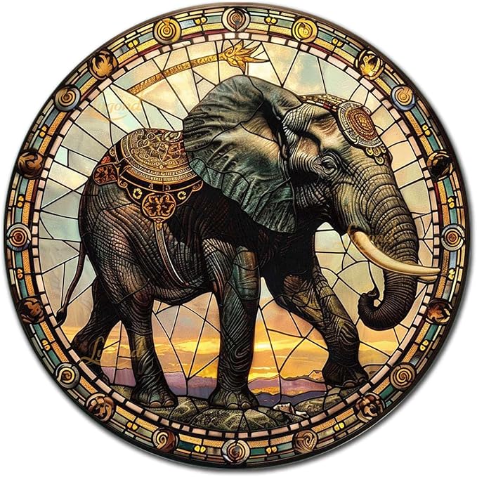 Lygond Metal Sign Tin Sign Circular Stained Glass Elephant Metal Sign for Club 12×12 Inches