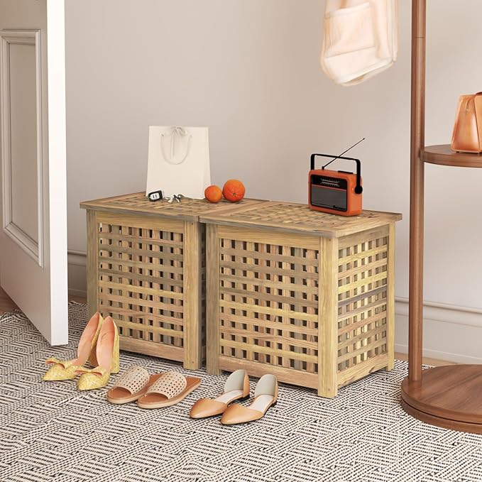 Bench with Storage, Acacia Laundry Hamper with Seat, Storage Benches with Seating for Entryway, Living Room, Bedroom, Bathroom (15.7x19.7x17.7in)