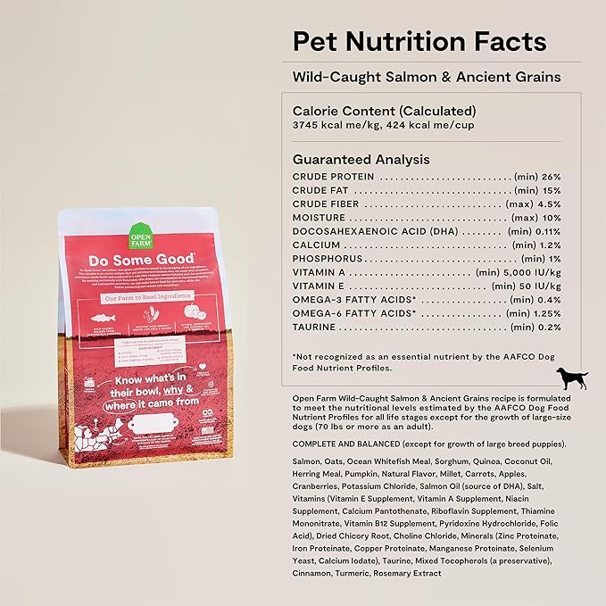 Open Farm, Ancient Grains Dry Dog Food, Protein-Rich & Nutrient Dense, 90% Animal Protein Mixed with Non-GMO Fruits, Veggies and Superfoods, Wild Caught Salmon Recipe, 11lb Bag