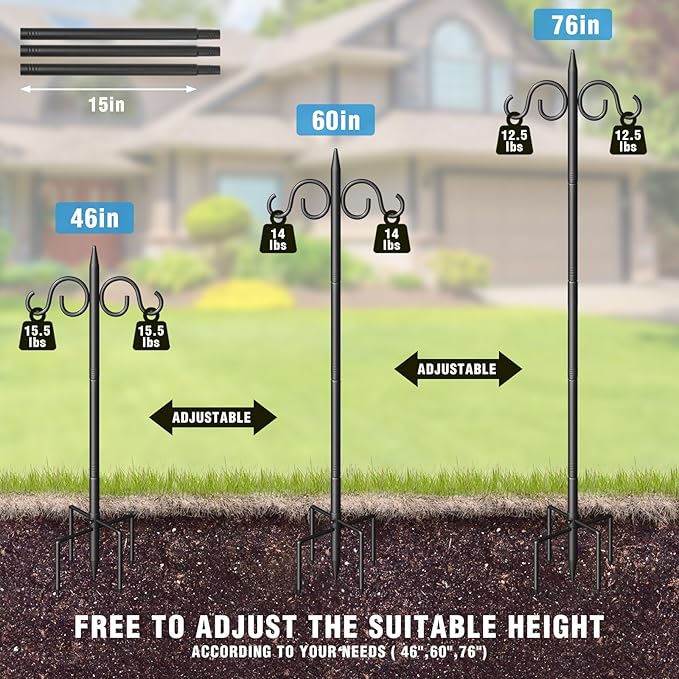 Double Shepherds Hooks for Outdoor, 76 Inch Heavy Duty Bird Feeder Pole with 5 Prongs Base, Adjustable Shepherds Hook for Bird Feeder, Garden, Weddings, Hanging Plant, 2 Pack