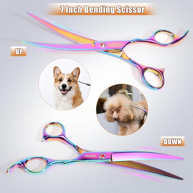 7.0in Titanium Professional Pet Grooming Scissors Set, GEMEK 6 in 1 Straight & Thinning & Upwards Curved & Downwards Curved Scissors & Comb for Dogs, Cats (Rainbow)