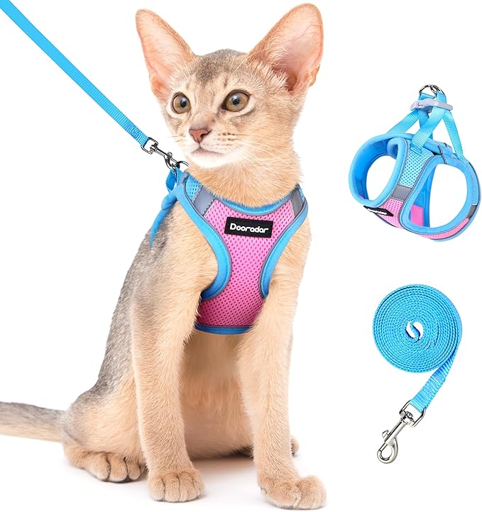 Dooradar Cat Harness and Leash Set, Escape Proof Lightweight Kitten Harness, Soft Breathable Reflective Vest for Outdoor Walking Traveling, Adjustable for Medium Cats, Pink & Blue, M