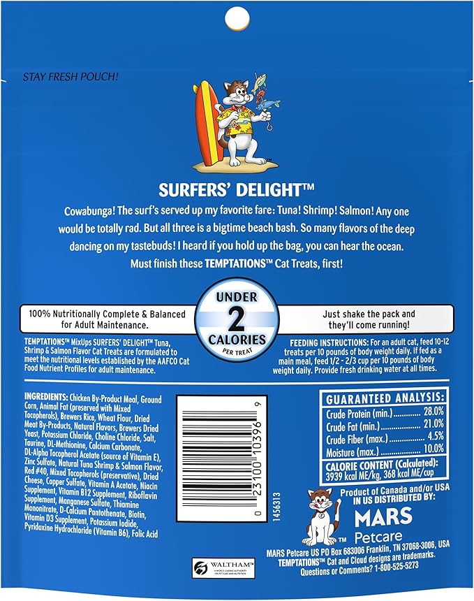 Temptations MixUps Surfer's Delight Flavor Crunchy and Soft Cat Treats, 6.3 oz. Pouch (Pack of 10)
