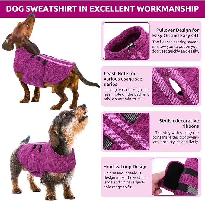 Queenmore Small Dog Sweaters, Soft Fleece Vest Pullover Dog Jacket with Leash Hole, Warm Winter Dogs Clothes Cold Weather Doggy Dachshund Sweater for Small Dogs Cats Boy or Girl (Cationic Berry, XS)