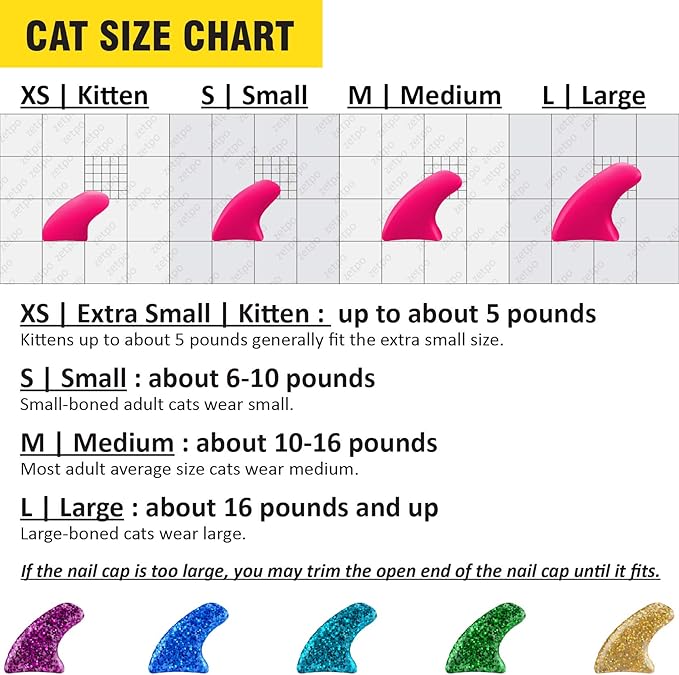 zetpo Cat Nail Caps | Cat Claw Covers | with Adhesives and Applicators (XS, 5X Glitter Random Colors | 100 pcs)