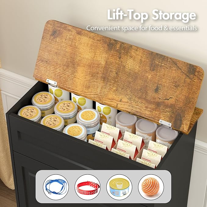 Dog Feeding Station with Storage Cabinet, Hidden Elevated Bowls for Medium & Large Dogs, Dog Food Cabinet Organizer with Hooks for Pet Supplies, Slow Feeder & Stainless Steel Bowls (Black)