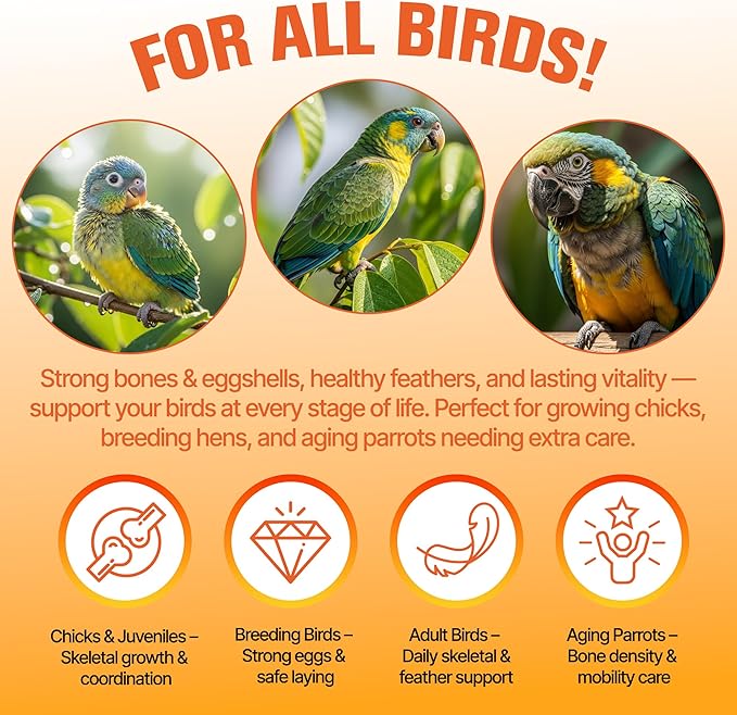Calcium for Birds with Magnesium & Vitamins D3–Vet-Developed Formula for Parrots, Supports Strong Bones, Eggshell Health,Feather Growth,Muscle & Nerve Function,Dissolves Tasteless in Water,80 Servings