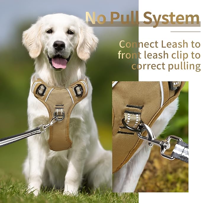 HEELE Dog Harness, Dog Harness for Small Medium Large Dogs No Pull Adjustable Padded Reflective Harness with Handle for Walking Training, Brown, L