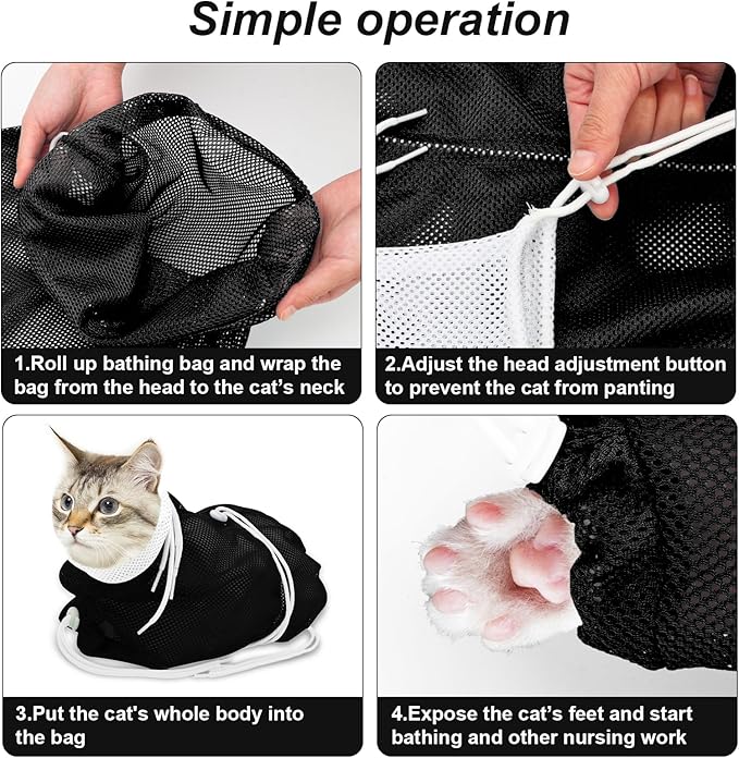 Cat Bathing Bag, Breathable Mesh Cat Shower Bag Anti Scratch Adjustable Cat Grooming Bag for Nail Trimming, Bathing Polyester Soft Cat Washing Bag (White- Black)