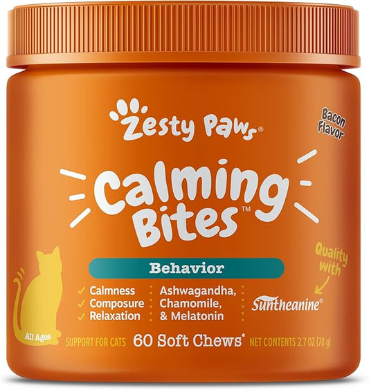 Zesty Paws Calming Chews for Cats - Composure & Relaxation for Everyday Stress & Separation - with Ashwagandha, Organic Chamomile, L-Theanine & L-Tryptophan – Bacon - 60 Count - Cat