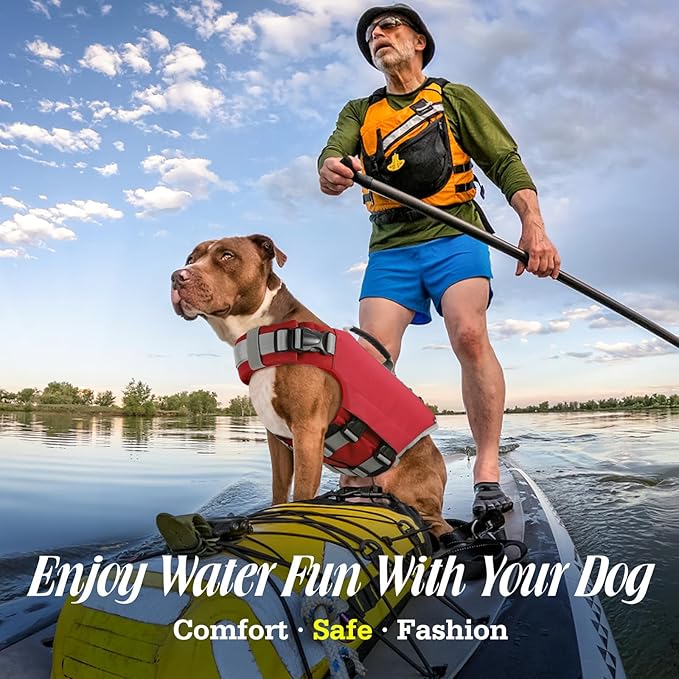 Pawaboo Dog Life Jacket, Reflective Dog Safety Vest Adjustable Pet Life Preserver with Strong Buoyancy & Sturdy Rescue Handle, Ripstop Dog Lifesaver Vests for Swimming, Boating, XL, Red