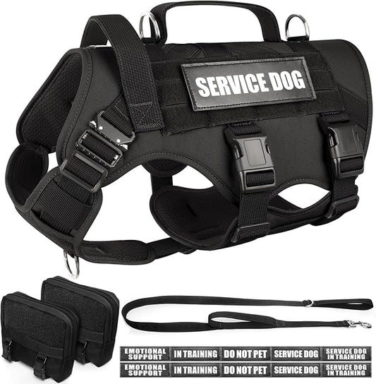 WINSEE Tactical Dog Harness with Dog Leash, Service Working MOLLE Vest with 10 Pet Patches for Large Dog, No Pull Military Harness and Backpack for Training Hunting Walking