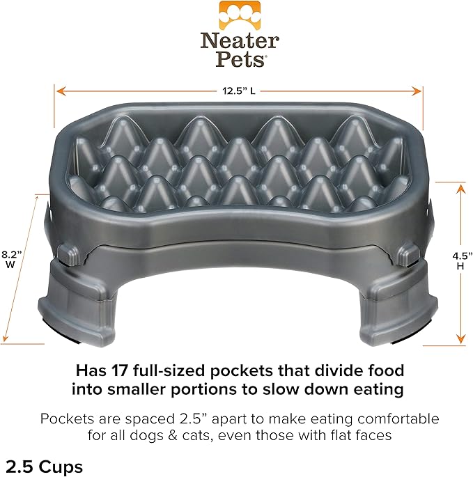 Neater Pet Brands – Neater Raised Slow Feeder Dog Bowl – Elevated and Adjustable Food Height - (2.5 Cup, Gunmetal)