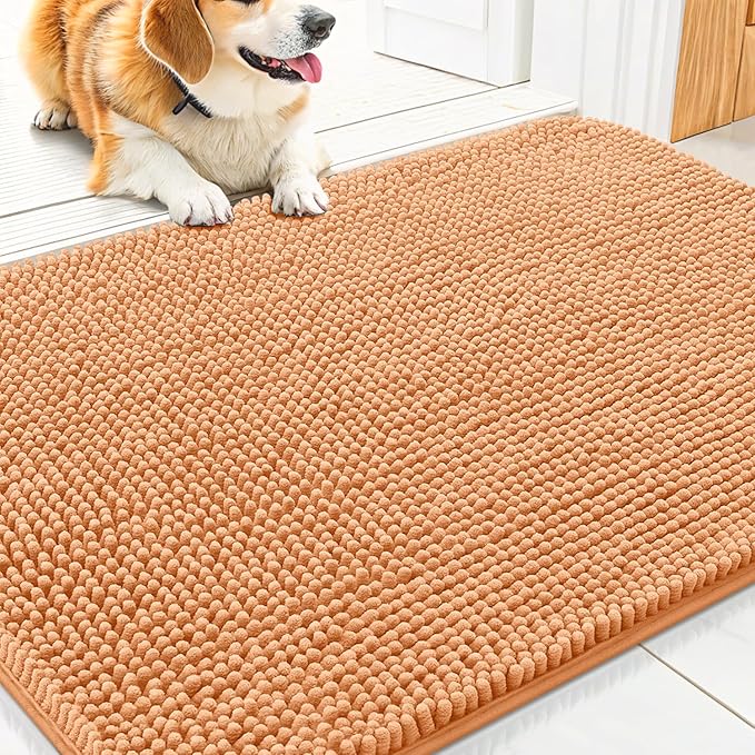 Smiry Dog Door Mat for Muddy Paws 30x20, Absorbs Moisture and Dirt Doormat, Non-Slip Washable Quick Dry Chenille Front Door Mat Indoor Entrance, Entryway Carpet for Inside Floor, Orange