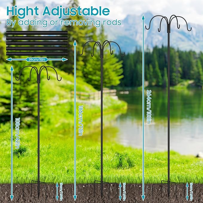 4-Hooks Shepherds Hooks for Outdoor,103'' Bird Feeder Pole with 5-Prong Base,Adjustable Bird House Stand Hanger for Garden Plant,Hummingbird Feeders, Lanterns, Wind Chime