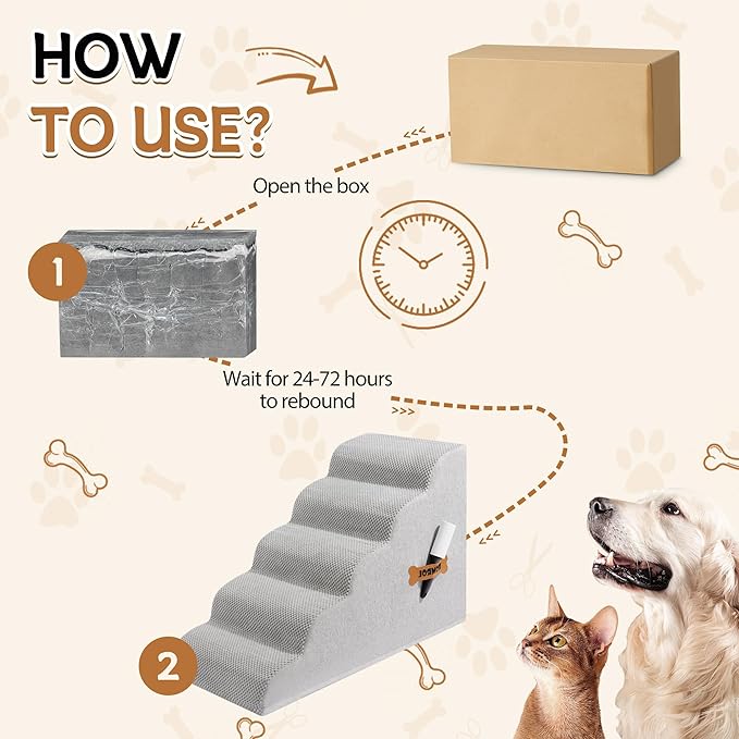 Dog Stairs, Romrol Dog Steps Ramp for High Bed and Couch, Dogs Ramp with Durable Non-Slip Waterproof Fabric Cover, Pet Stairs for Small Dogs and Cats or Pets Joints, 4-TiersLight Grey