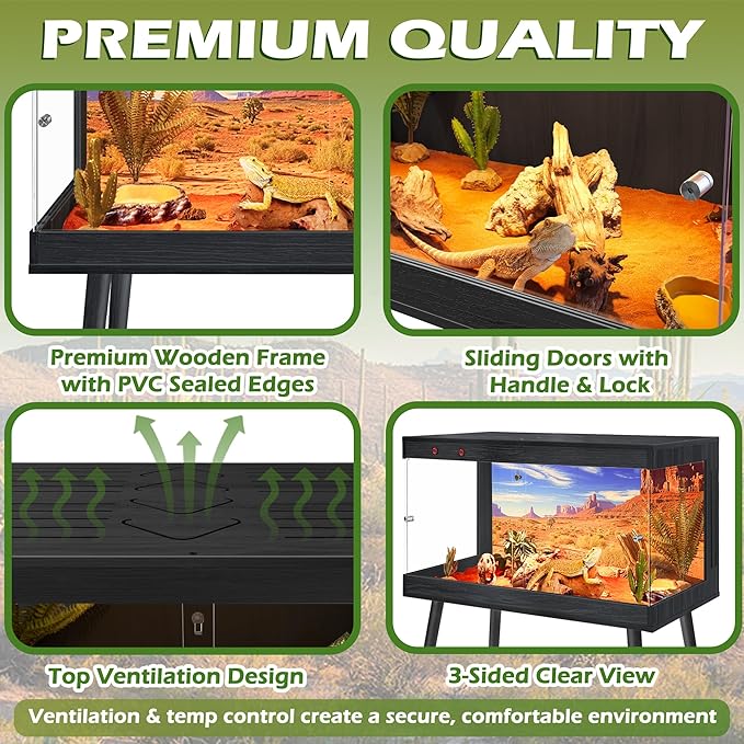 Royxen Tempered Glass Bearded Dragon Tank,24 Gallon Reptile Tank with Leg Stand,Built-in Lighting Reptile Enclosure Scartch-Proof Bearded Dragon Encloure for Chameleon,Snake(Black,24"x 16"x 16")