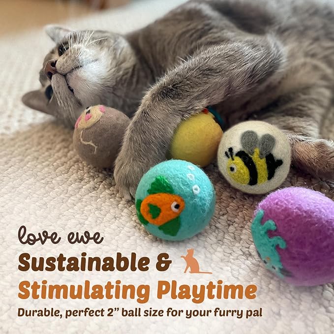 Hustle & Blush Wool Felt Balls - 3 Pack Love Ewe Pet Supplies – 2in Colorful & Durable Cat Toys Handmade from New Zealand, Ideal for Indoor Play and Mental Stimulation – Flower & Bee Design