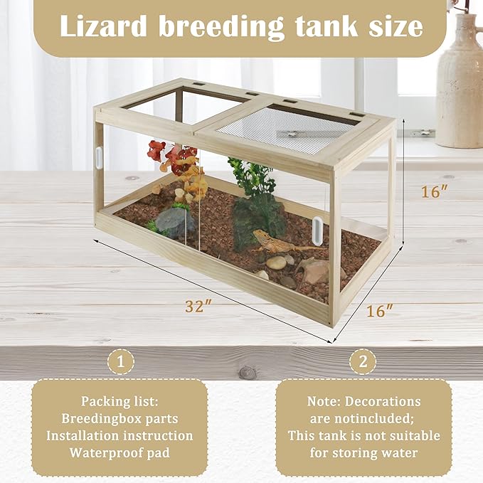 30 Gallon Bearded Dragon Tank, 32 * 16 * 16 Inch Reptile Tank, Lizard Terrarium with Sliding Door & Top Screen Ventilation, Suitable for All Types of Reptile, Snakes, Hamsters,
