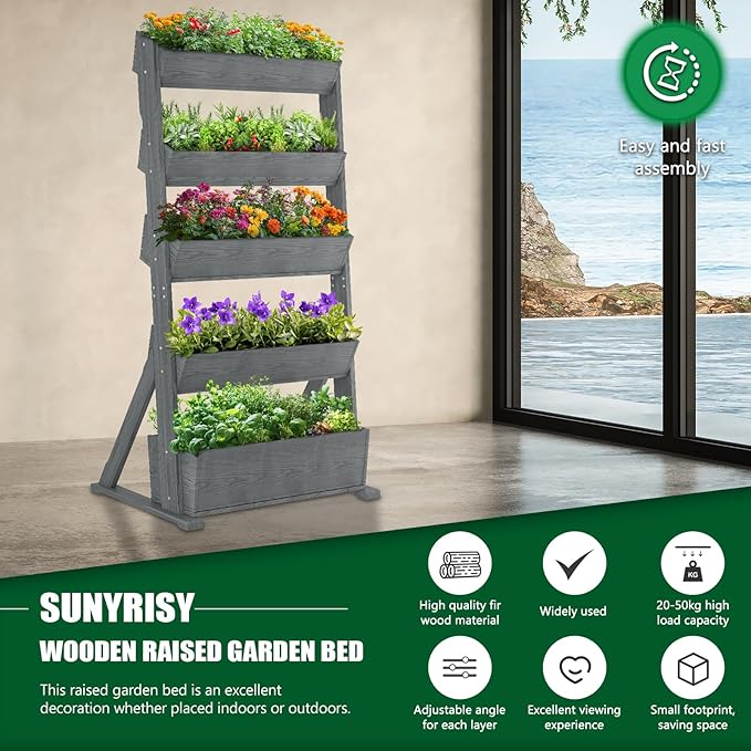 SUNYRISY 5 Tiers Vertical Raised Garden Bed Outdoor Planter Tower, Wooden Freestanding Planter Box for Planting Herbs Flowers Vegetables Backyard Patio Balcony Indoor Outdoor Gardening, Grey