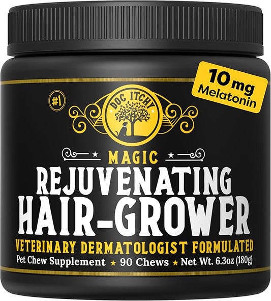 Doc Itchy Rejuvenating Hair-Grower Dog Pet Chews | 10mg Melatonin for Dogs | Hair Growth Booster | Senior Dog Energizer | Calming | Medical-Strength | Food Allergy Safe | Vegan | 90 Count