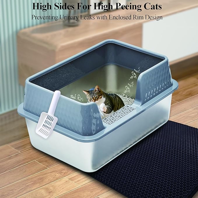 Vealind Stainless Steel Cat Litter Box High Sided Metal Cats Litter Pan Tray Enclosed with Scoop Mats Non-Sticky Anti-Leakage Easy Cleaning Kitty Litter Boxes