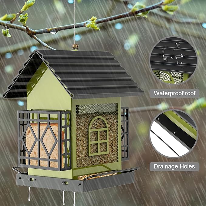 Bird Feeder, Squirrel Proof Outdoor & Hanging Wild Bird Feeders, Large Capacity Metal Bird Feeder with Weatherproof Roof, Attracts Cardinals, Finches, Blue Jays (Green)