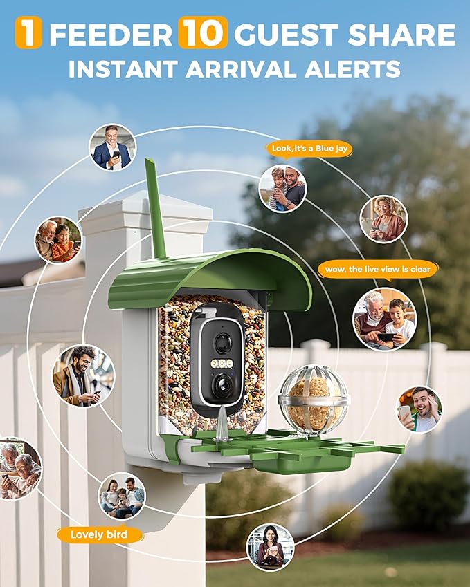 Bird Feeder with Camera, 10000 AI Smart Bird Feeders Solar Powered, 2.4G WiFi, 2K HD and Instant Alerts, Outdoors Squirrel Proof Birds Feeder, Ideal for Parents, Lovers(Green)
