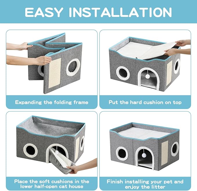 Large Cat Bed for Indoor Cats, Extra Wide Cat Cave House with Scratch Pad and Fluffy Ball, Foldable Cat Hideaway for Kitten Bed, Cat Condo for Cats (Grey, X-Large)