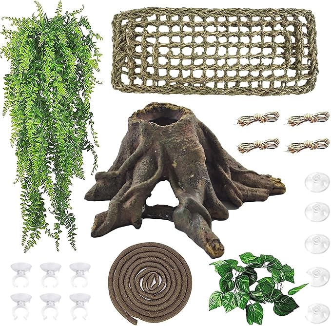 5 PCS Tank Accessories for Bearded Dragon Include Resin Hollow Tree Root Reptile Habitat Hideout Decor Hanging Jungle Vines Flexible Leaves Climbing Decorations for Lizard Gecko Chameleon Spider