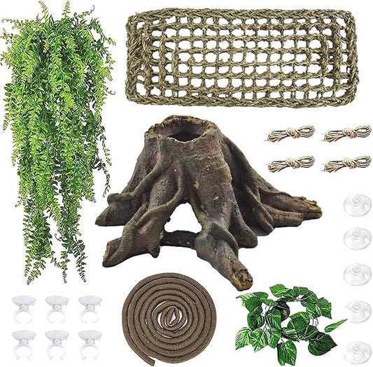 5 PCS Tank Accessories for Bearded Dragon Include Resin Hollow Tree Root Reptile Habitat Hideout Decor Hanging Jungle Vines Flexible Leaves Climbing Decorations for Lizard Gecko Chameleon Spider