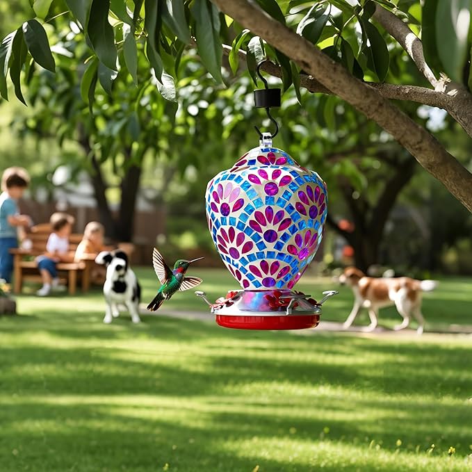 VOREEN Glass Mosaic Hummingbird Feeders, 34OZ with Ant Moat & 4 Feeding Ports, Hand Blown Glass Outdoor Hanging Bird Feeder, Porch Garden Backyard Decor, Gift for Mom Wife Friend, Purple Flower Design