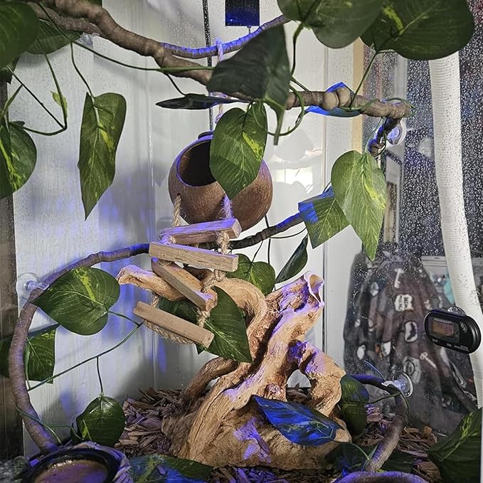 Crested Gecko Tank Accessories,Gecko Coconut Hut Hideout with Ladder Reptile Hammock Lizards Hanging Plants Flexible Climbing Jungle Vine Leaves Terrarium Decor