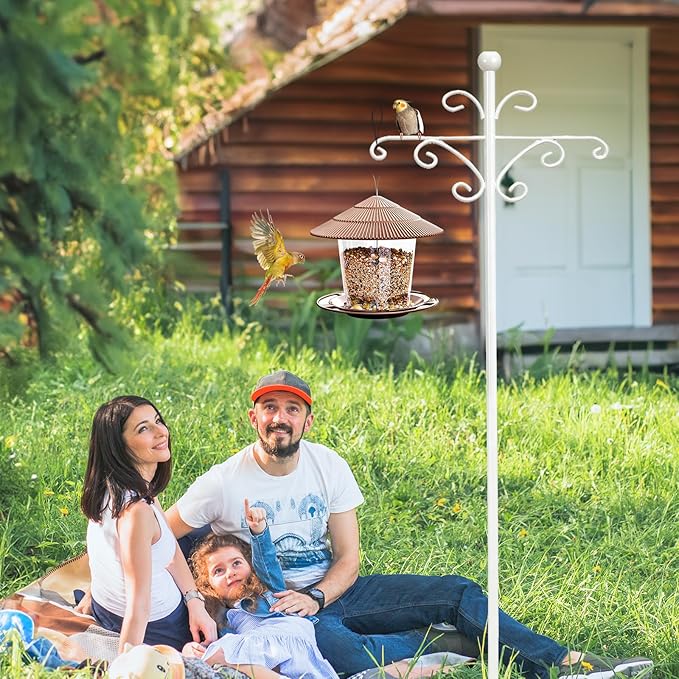 Bird Feeder Pole for Outdoors Heavy Duty Squirrel Proof, 2 Pack 63 Inch Adjustable Tall Shepherds Hooks for Outdoor with 7 Prongs Base, Double Shepherd Hooks (2 Pack White, 63 Inch)