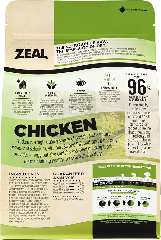 ZEAL Canada Air-Dried Chicken Recipe for Dogs - High Protein, Natural Superfoods, Nutrient Rich, No Fillers, Grain Free, Complete & Balanced (Chicken, 2.2 lb)