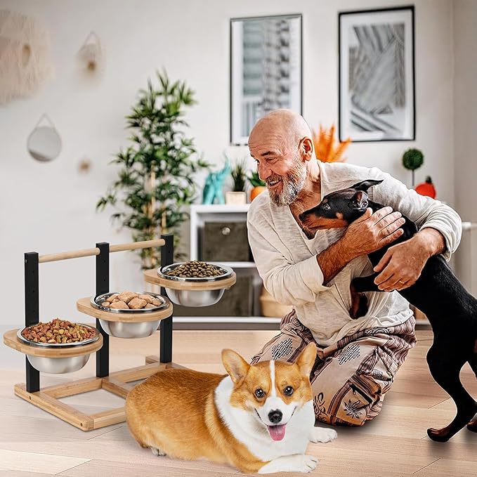 handrong Elevated Dog Bowl,5 Height Adjustable Raised Dog Bowl,Dogs Food Bowls Stand Feeding Station with 3 Food and Water Bowls for Medium,Large Dogs