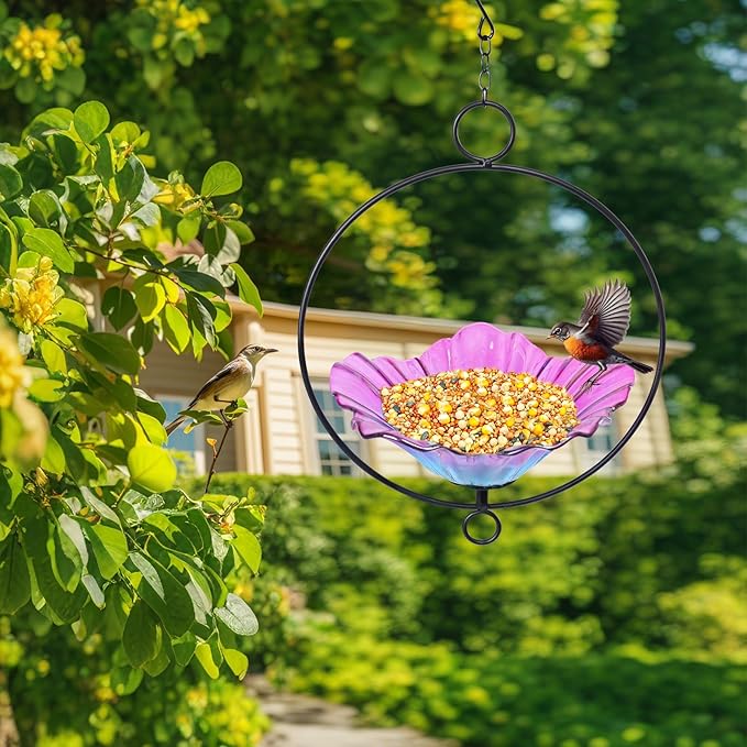 MUMTOP Hanging Bird Bath-Bird Baths for Outdoors - Flower Glass Bird Water Bowl with Hanging Circle, Bird Feeders for Outside, Garden, Lawn Yard Decor（Pink）