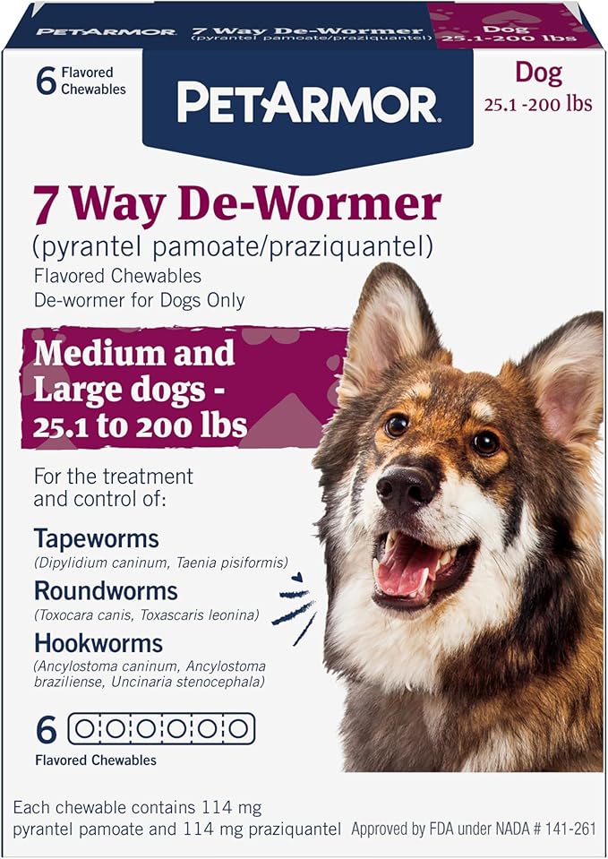 PetArmor 7 Way De-Wormer for Dogs, Oral Treatment for Tapeworm, Roundworm & Hookworm in Large Dogs & Puppies (Over 25 lbs), Worm Remover (Praziquantel & Pyrantel Pamoate), 6 Flavored Chewables