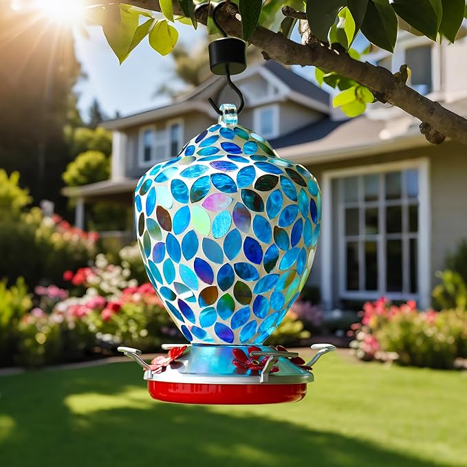 VOREEN Glass Mosaic Hummingbird Feeders, Handmade 34OZ with Ant Moat & 4 Feeding Ports, Glass Outdoor Hanging Bird Feeder, Porch Garden Backyard Decor, Gift for Mom Wife Friend, Blue Leaves Design