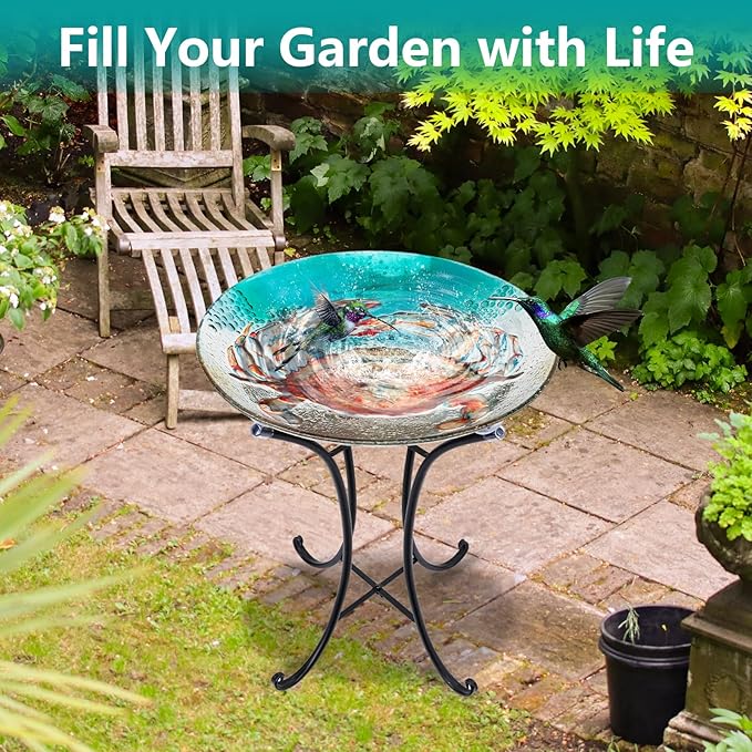 MUMTOP Bird Baths for Outdoors, Crab Glass Large Bird Bath Bowl with Metal Stand, Bird Feeders for Outside and Garden, Patio,Lawn Decor