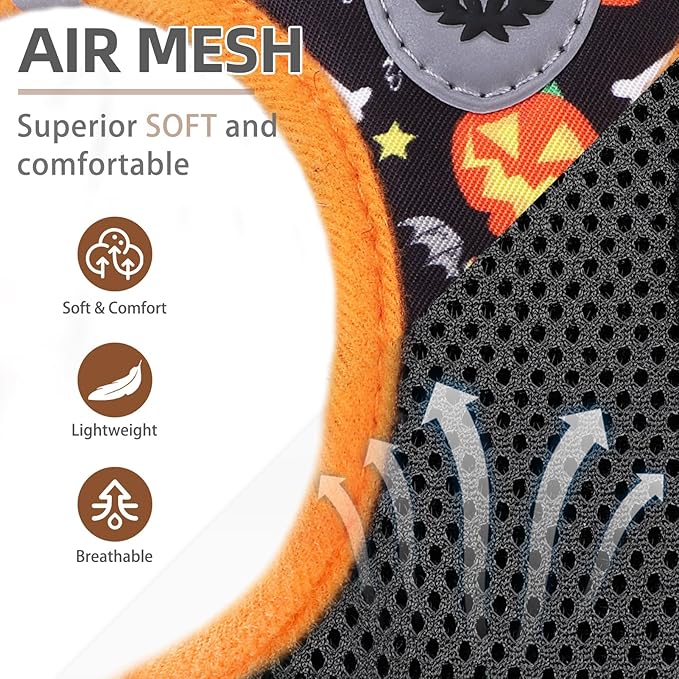 PUPTECK Adjustable Dog Harness Collar and Leash Set Step in No Pull Pet Harness for Small Medium Dogs Puppy and Cats Outdoor Walking Running, Soft Mesh Padded Reflective Vest Harnesses, Halloween, S