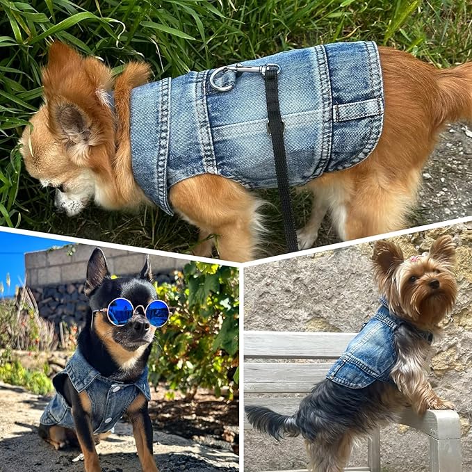 Puppy Clothes for Small Dogs Boy,Classic Western Denim Dog Coat,Dog Jeans Jacket with Leash D-Ring,Pet Cat Costumes,Cooling Harness Vest for Walking (Blue, X-Large)