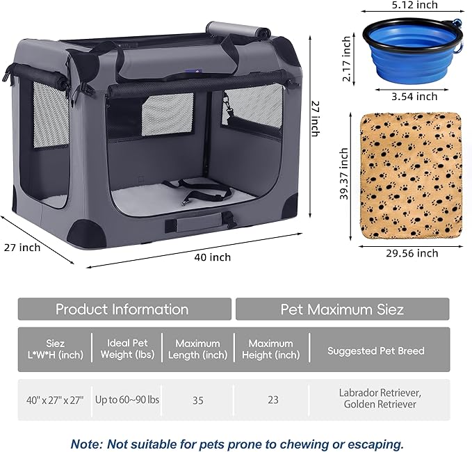 Petprsco 40 Inch Collapsible Dog Crate, Portable Dog Crates for Large Dogs, XL Dog Crate for Travel, 3 Door Soft Dog Kennel with Durable Mesh Windows Indoor & Outside